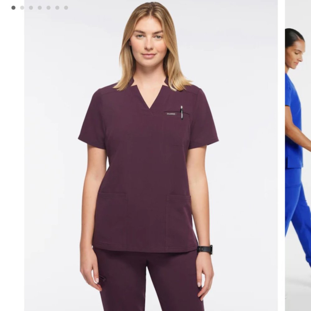 Scrubs top and bottom, color: "cosmic brown"